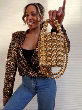 Gold Beaded Statement Mini Bag | Sculptural Sphere Purse